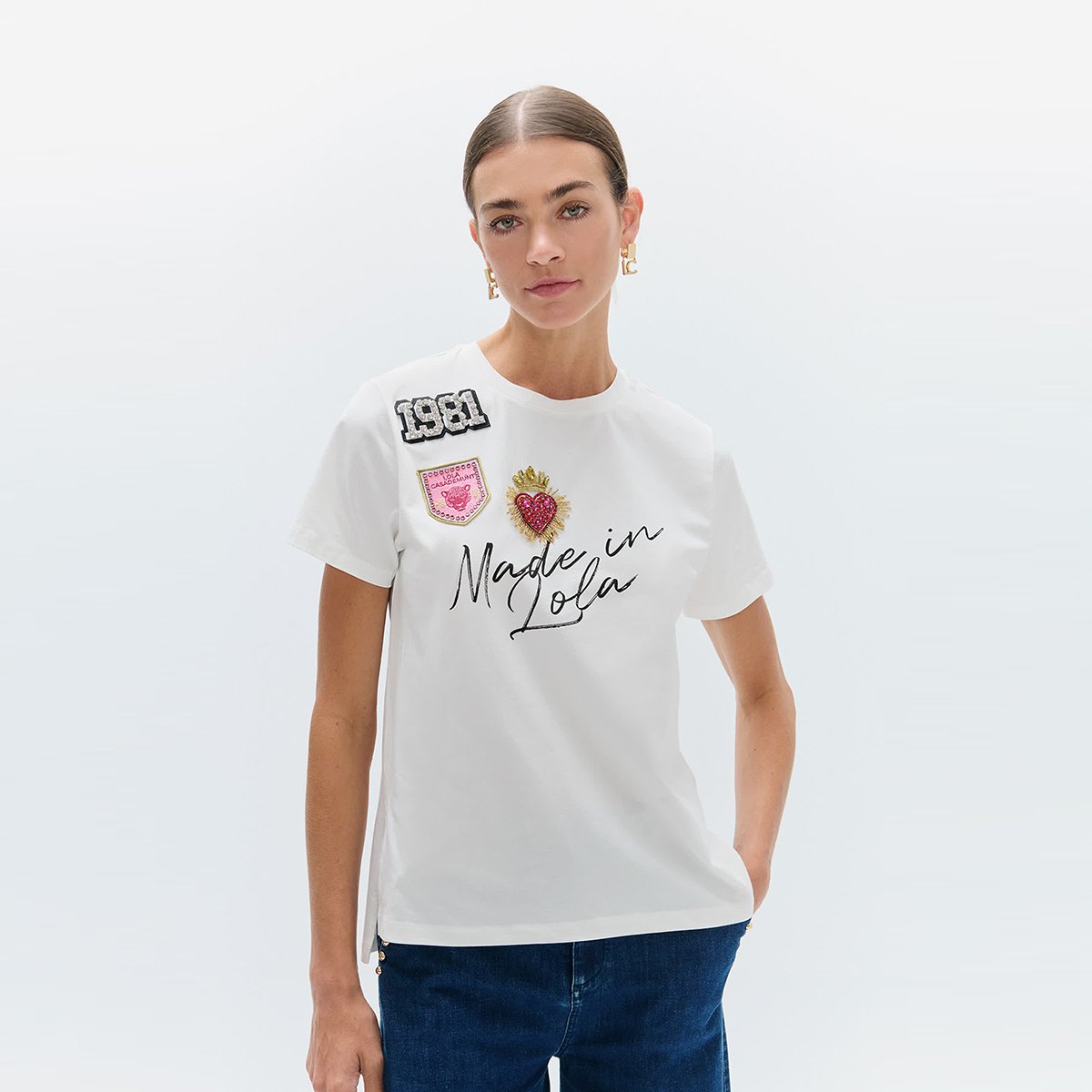 T-shirt imprimé à patches et paillettes blanc, LOLA CASADEMUNT
