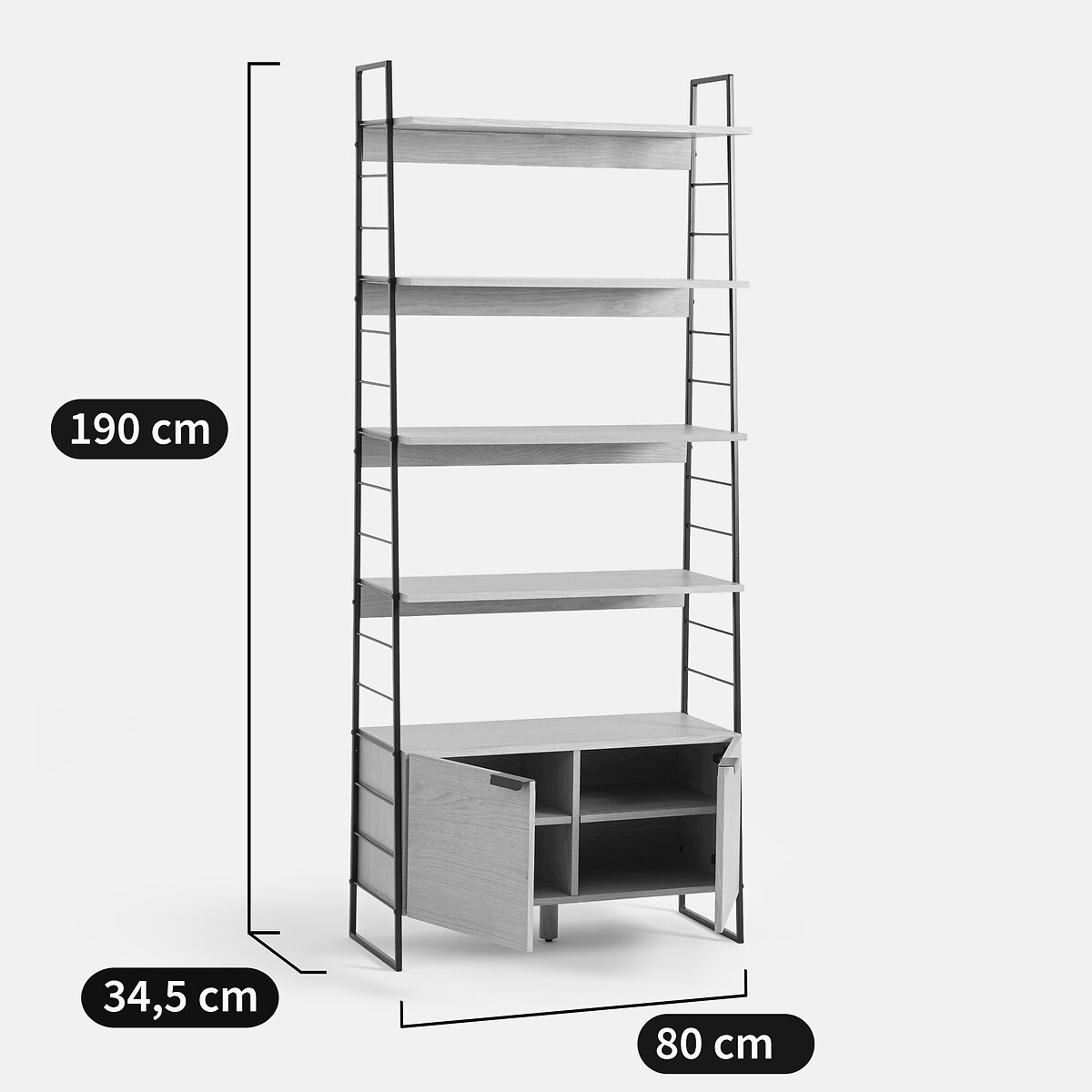Bibliothèque en chêne plaqué et acier inox, hauteur 190 cm, WATFORD métal noir/chêne, LA REDOUTE INTERIEURS