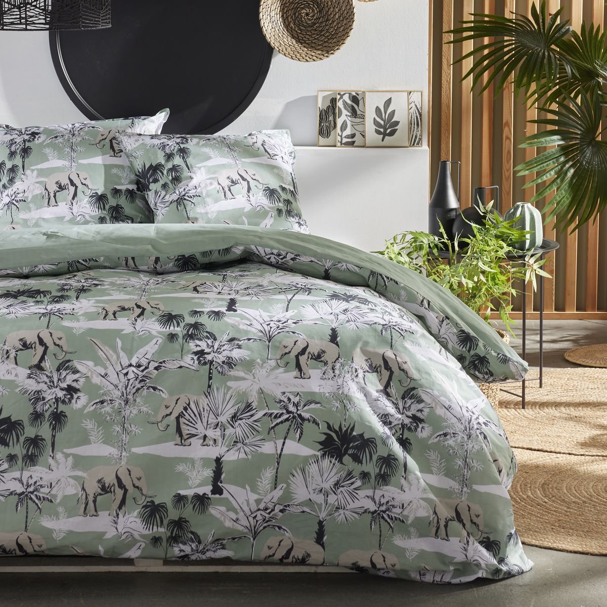 Parure de lit imprimé Floral Coton SUNSHINE ELENA vert, TODAY