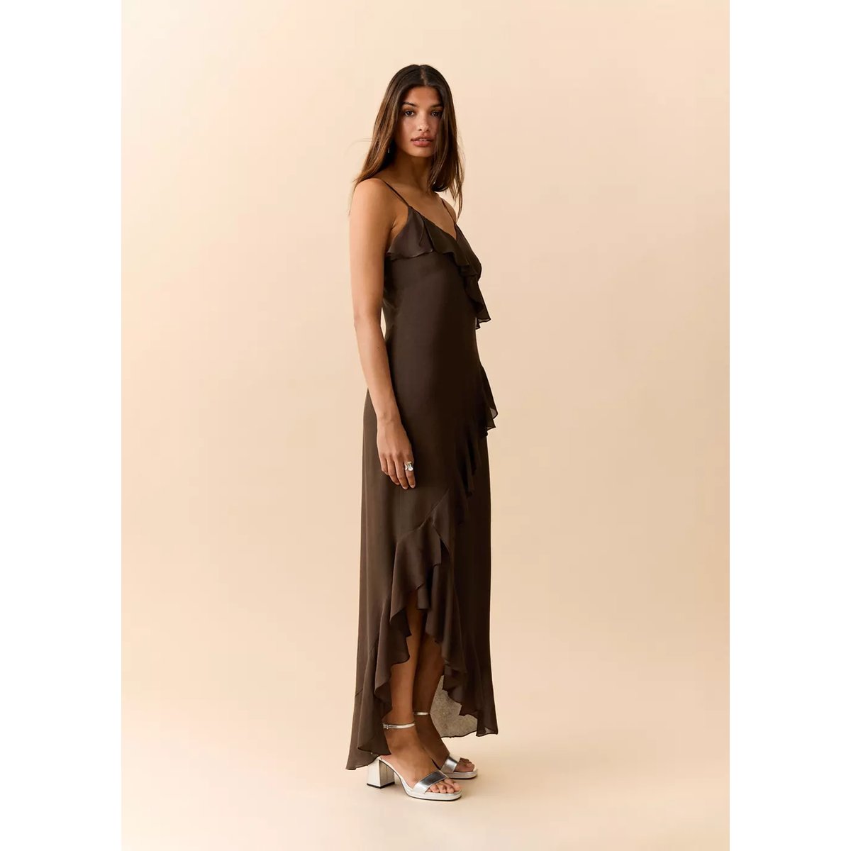 Robe volants fines bretelles marron, MANGO TEEN