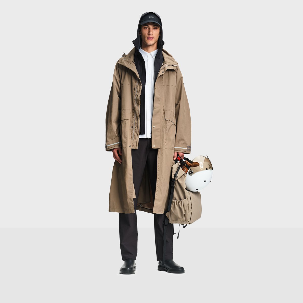 Veste imperméable cycliste cyclisme mi-long à capuche taupe, AIGLE