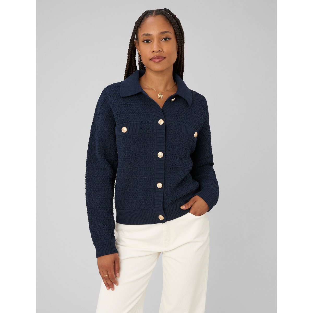 Gilet boutonné col polo bleu foncé, BZB