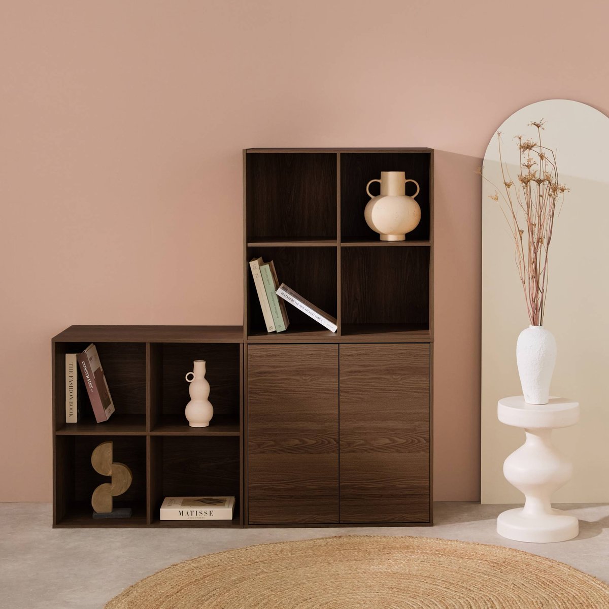 Etagère, bibliothèque modulable décor bois 3 éléments - 2 portes 8 niches KOMPO blanc, SWEEEK