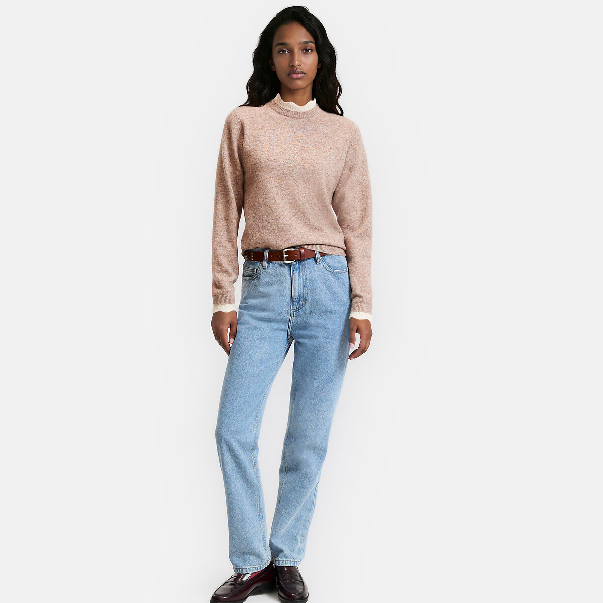 Pull col rond avec détails en maille fantaisie beige, LA REDOUTE COLLECTIONS