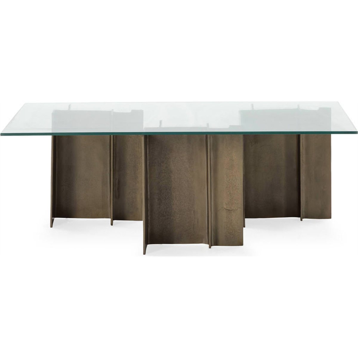 Table basse en verre et métal bronze vieilli et verre transparent, RECOLLECTION