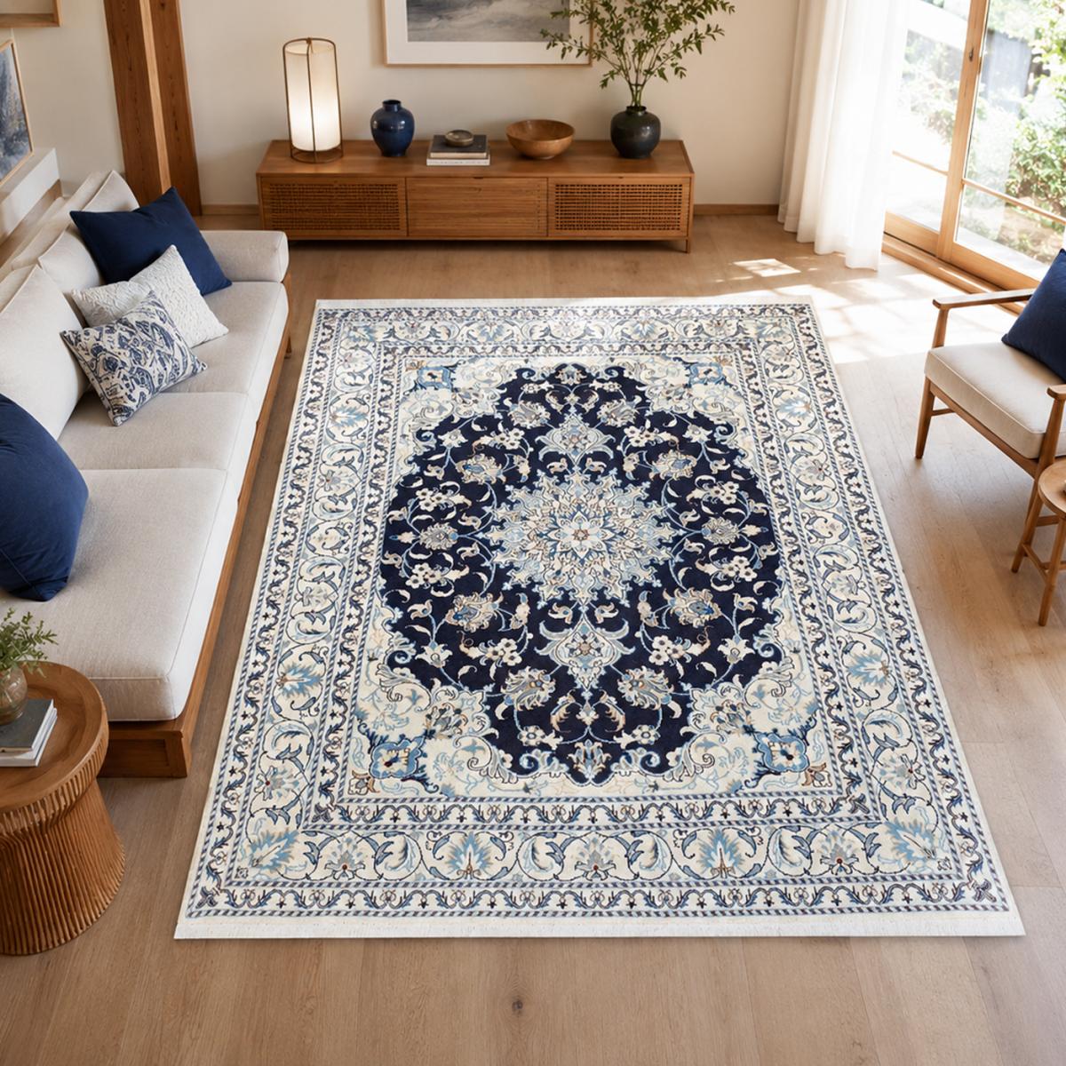 Tapis d'orient, motif oriental, noué main, laine, NAIN 7 bleu, beige, crème, UN AMOUR DE TAPIS
