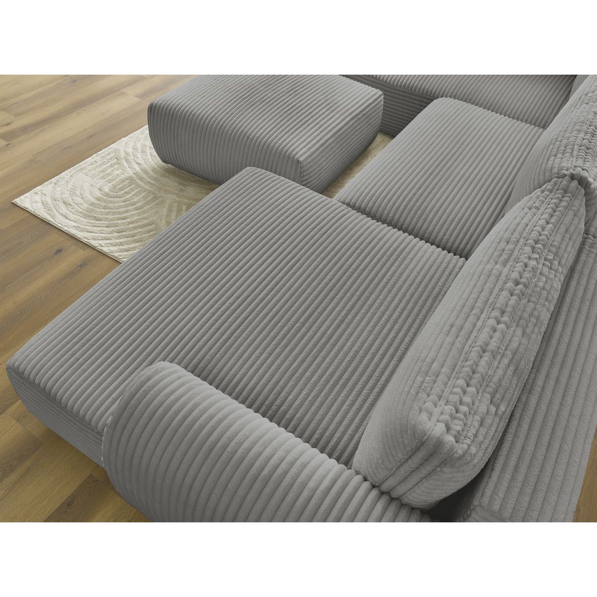 Canapé panoramique convertible 6 places en gros côtelé doux avec pouf, LUCIEN gris foncé, BOBOCHIC