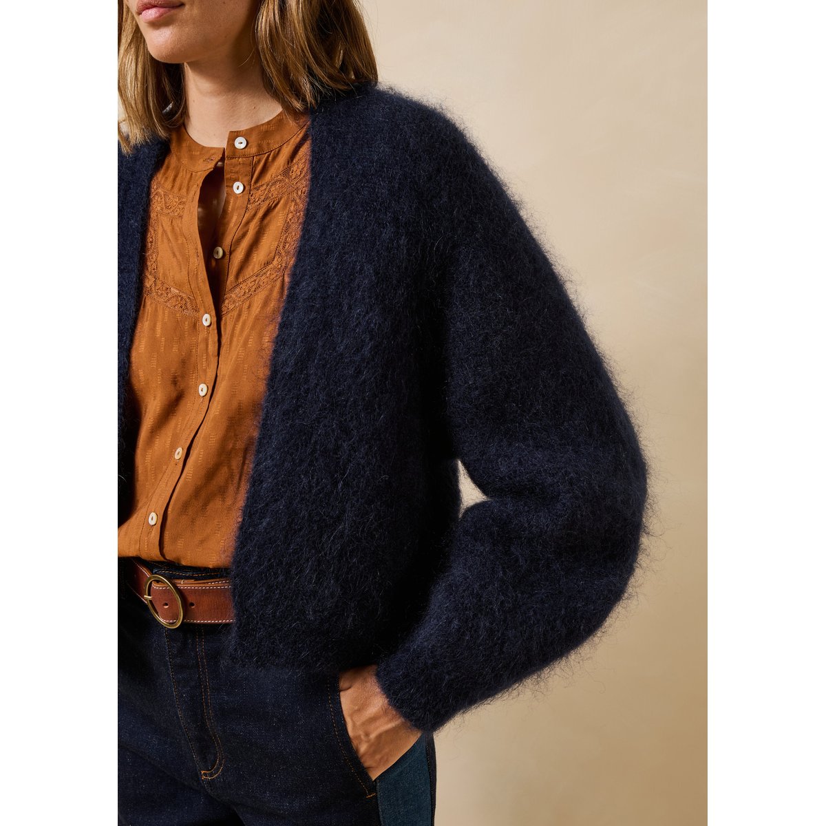 Gilet manches longues en maille bleu encre, LA FEE MARABOUTEE