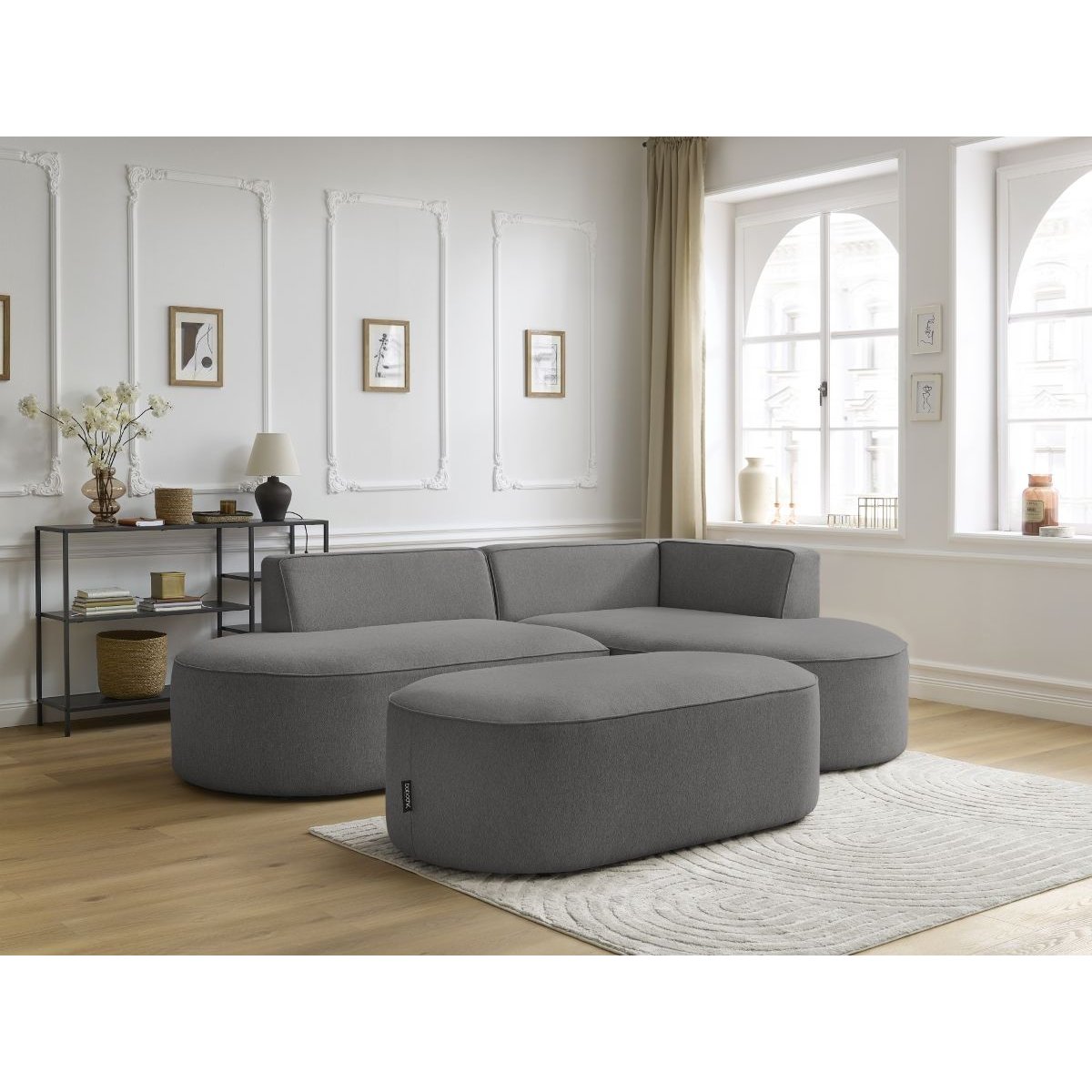 Canapé d'angle fixe 5 places en tissu chiné avec pouf, ROUSSEAU gris foncé, BOBOCHIC