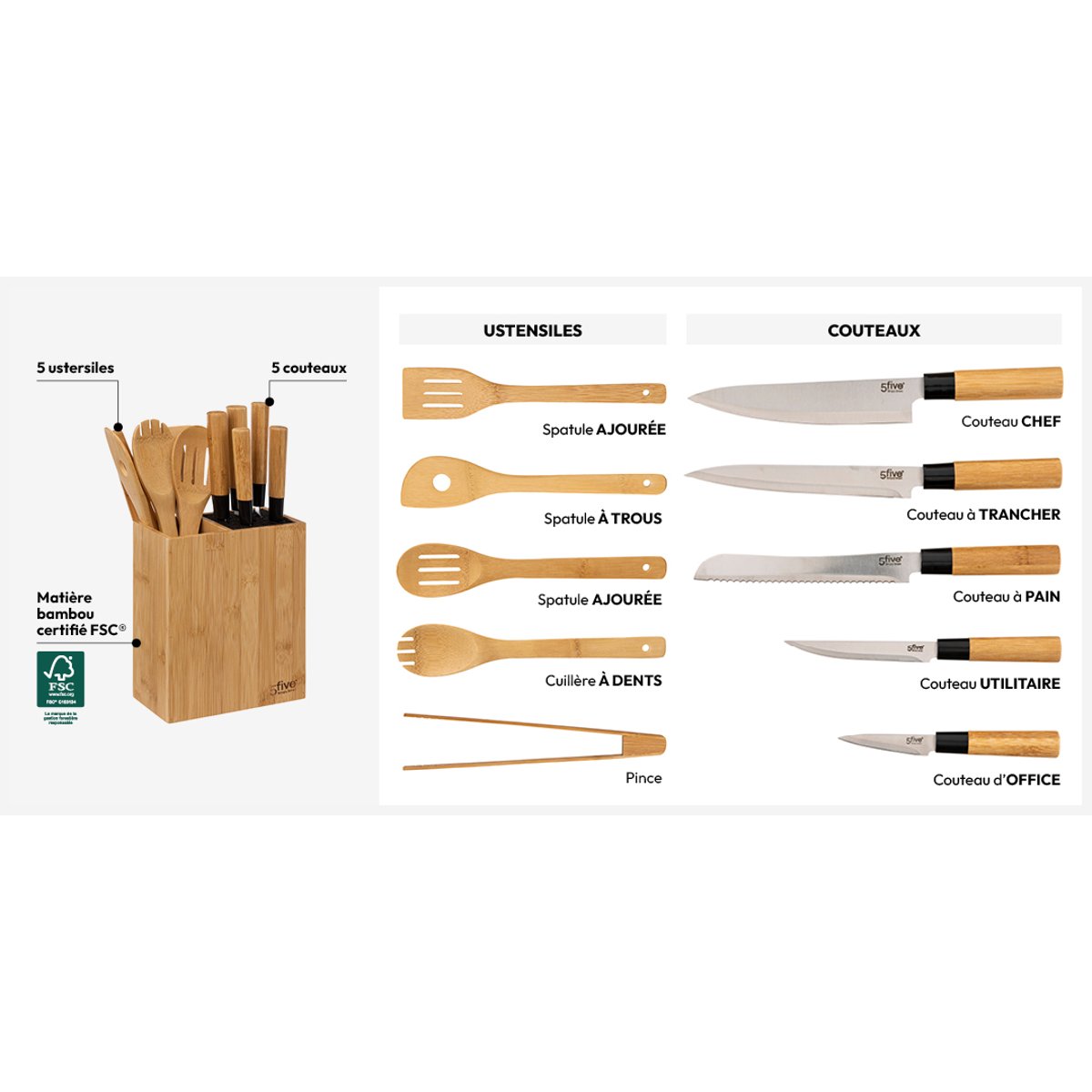 Bloc 5 couteaux & 5 ustensiles manche BLACK BAMBOO beige, 5FIVE SIMPLY SMART