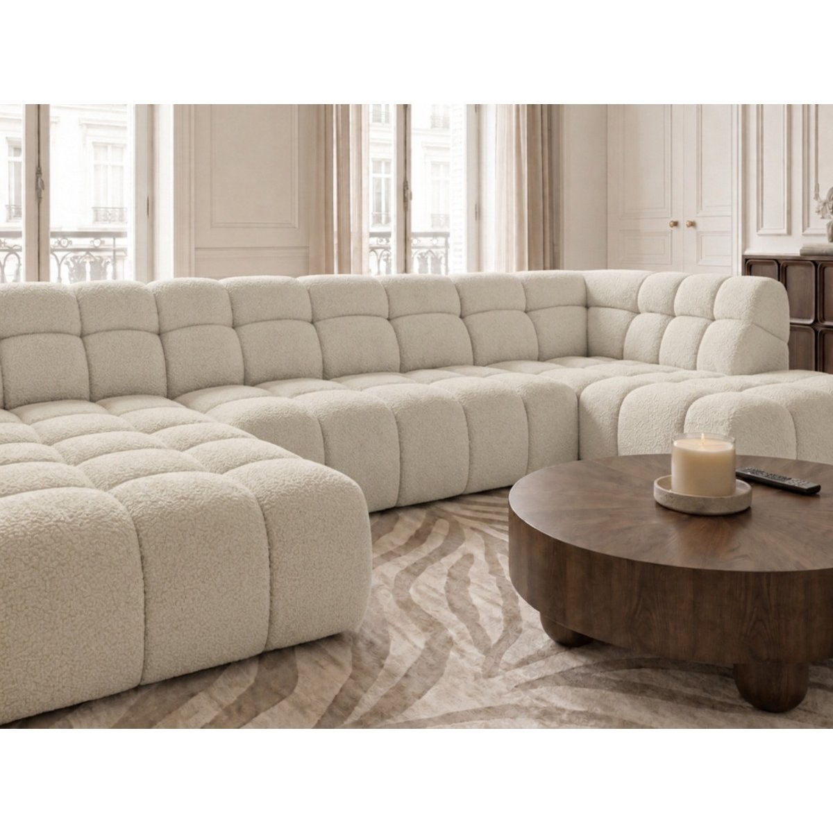 Canapé d'angle convertible 4 places en tissu texturé, ANDRE blanc, BOBOCHIC