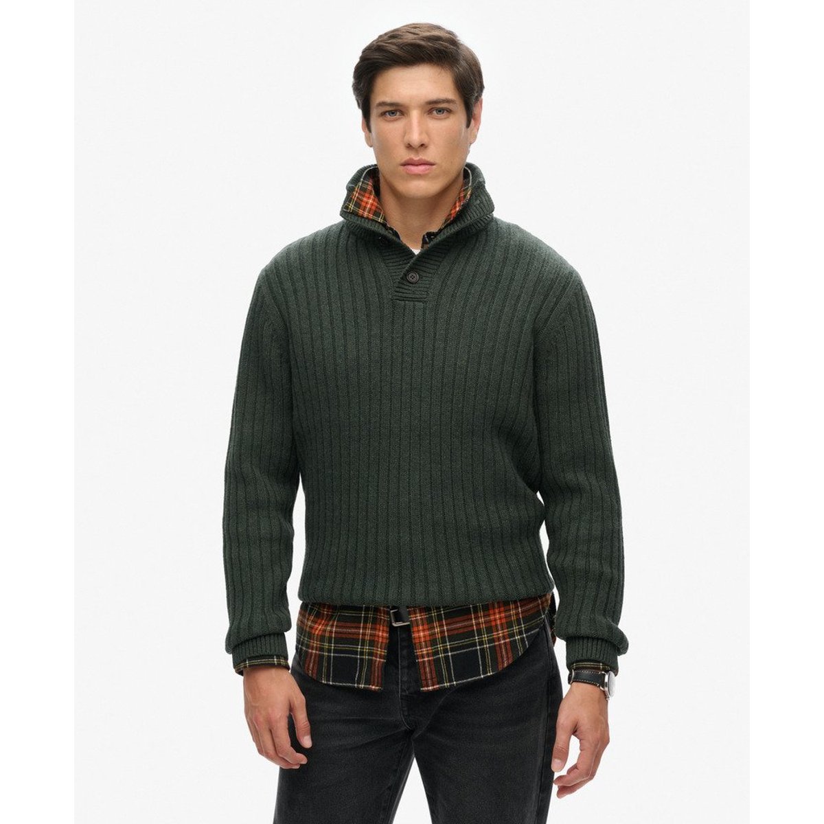 Pull côtelé à col tunisien olive twist, SUPERDRY