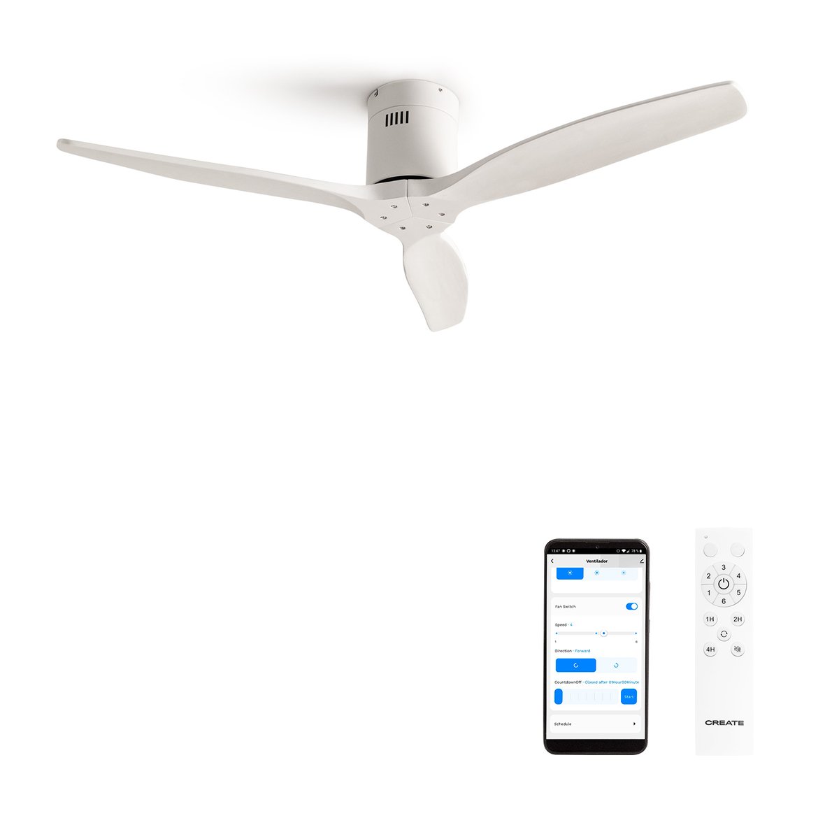 Ventilateur de plafond avec pales techniques en ABS sans lumière avec Wi-Fi WIND CALM blanc/blanc, CREATE