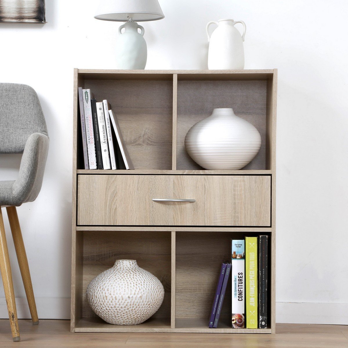 Etagère de rangement 4 casiers avec un tiroir bois clair, CALICOSY