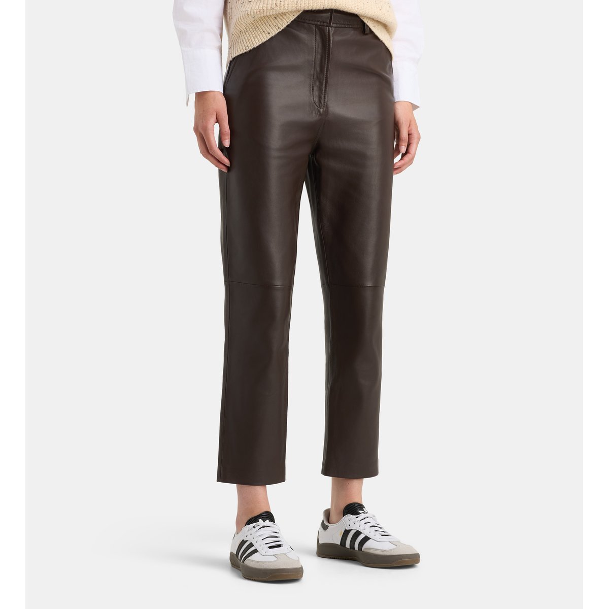 Pantalon droit diego en cuir marron chocolat, GALERIES LAFAYETTE