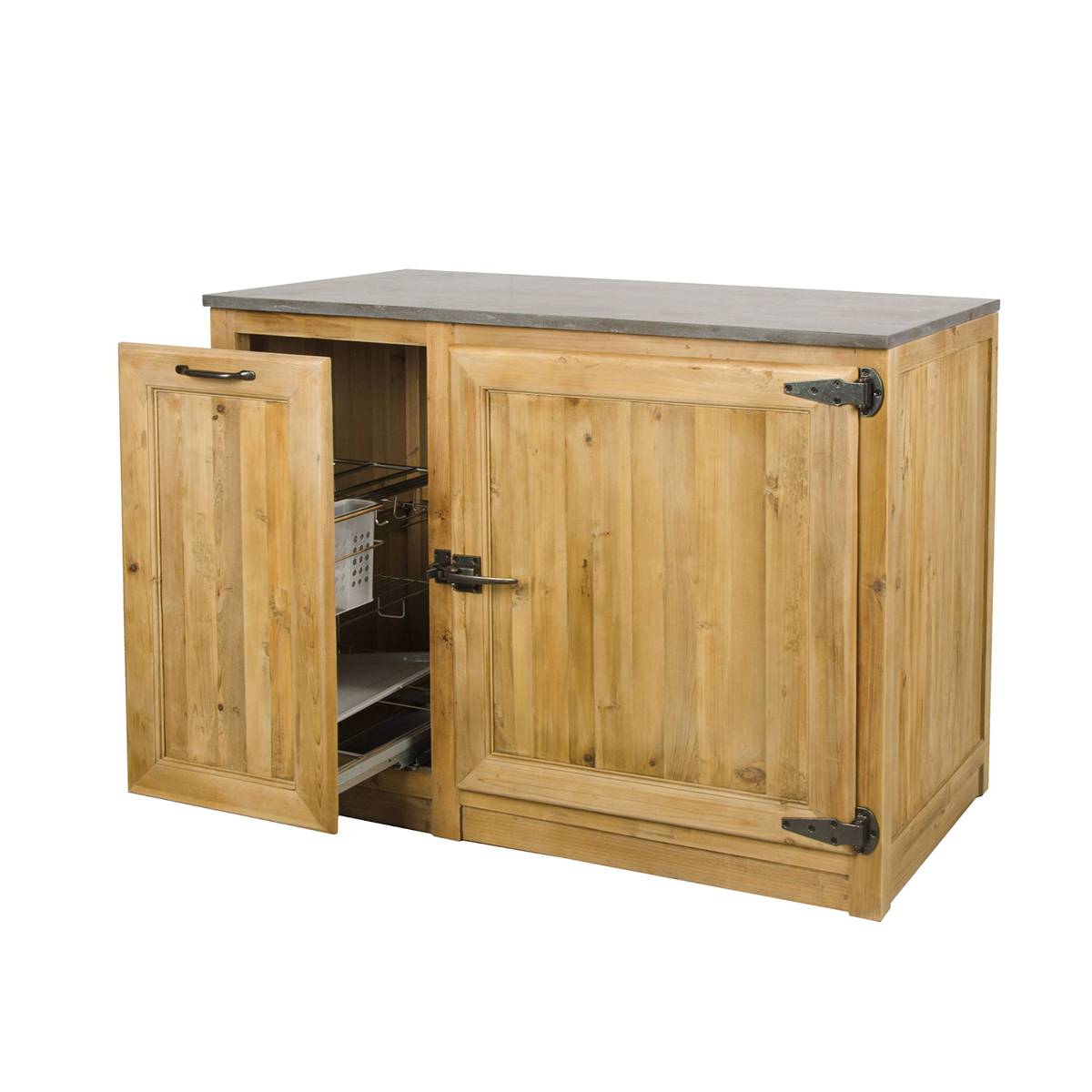 Meuble bas de cuisine en bois recyclé et pierre bleue CHAMPÊTRE bois clair, MADE IN MEUBLES