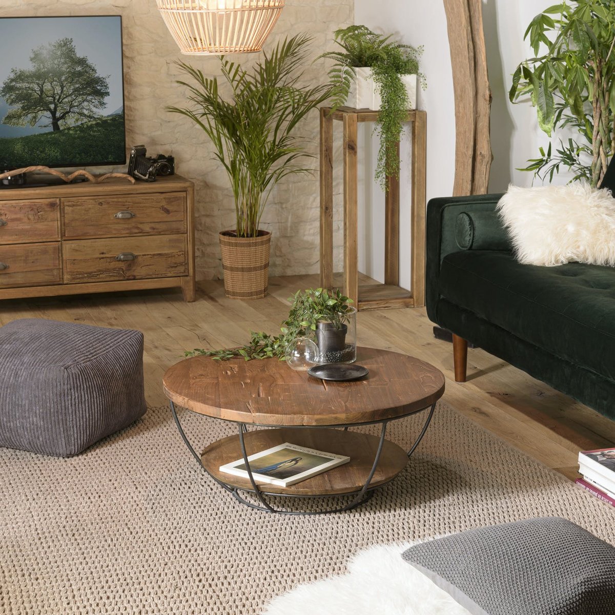 Table basse ronde double plateau teck/métal SWING noir, PIER IMPORT