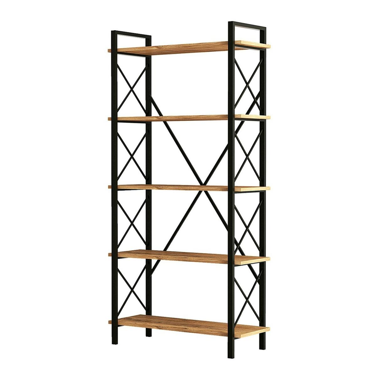 Bibliothèque industrielle à dos croisé, 5 plateaux JENA bois naturel, PIER IMPORT