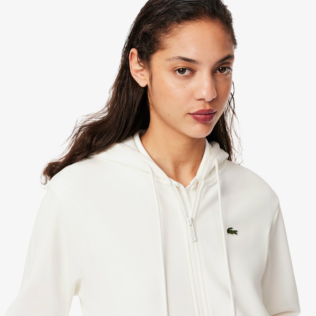 Sweatshirt zippé à capuche molleton blanc-70v, LACOSTE