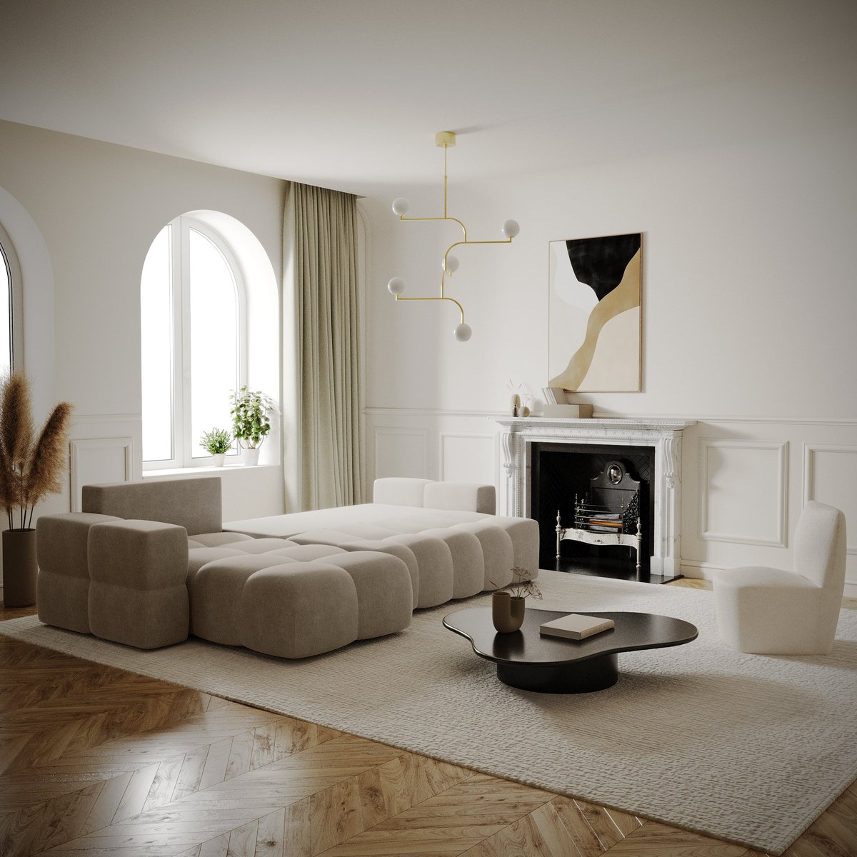 Canapé d'angle gauche convertible coffre 5 places en velours GABRIEL taupe, SIA HOME