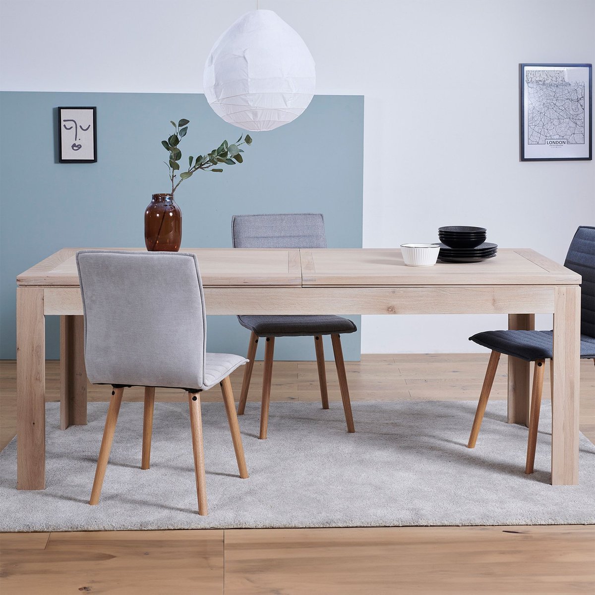 Table moderne extensible bois chêne blanchi massif L200/280 - BOSTON bois clair, HELLIN, DEPUIS 1862