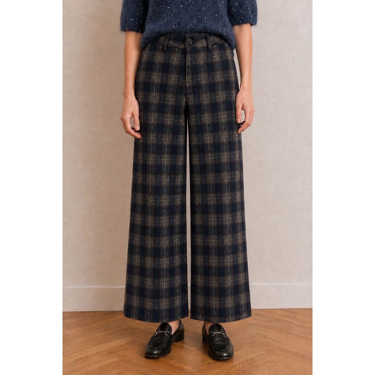 Pantalon large à carreaux bleu à carreaux, SEE U SOON
