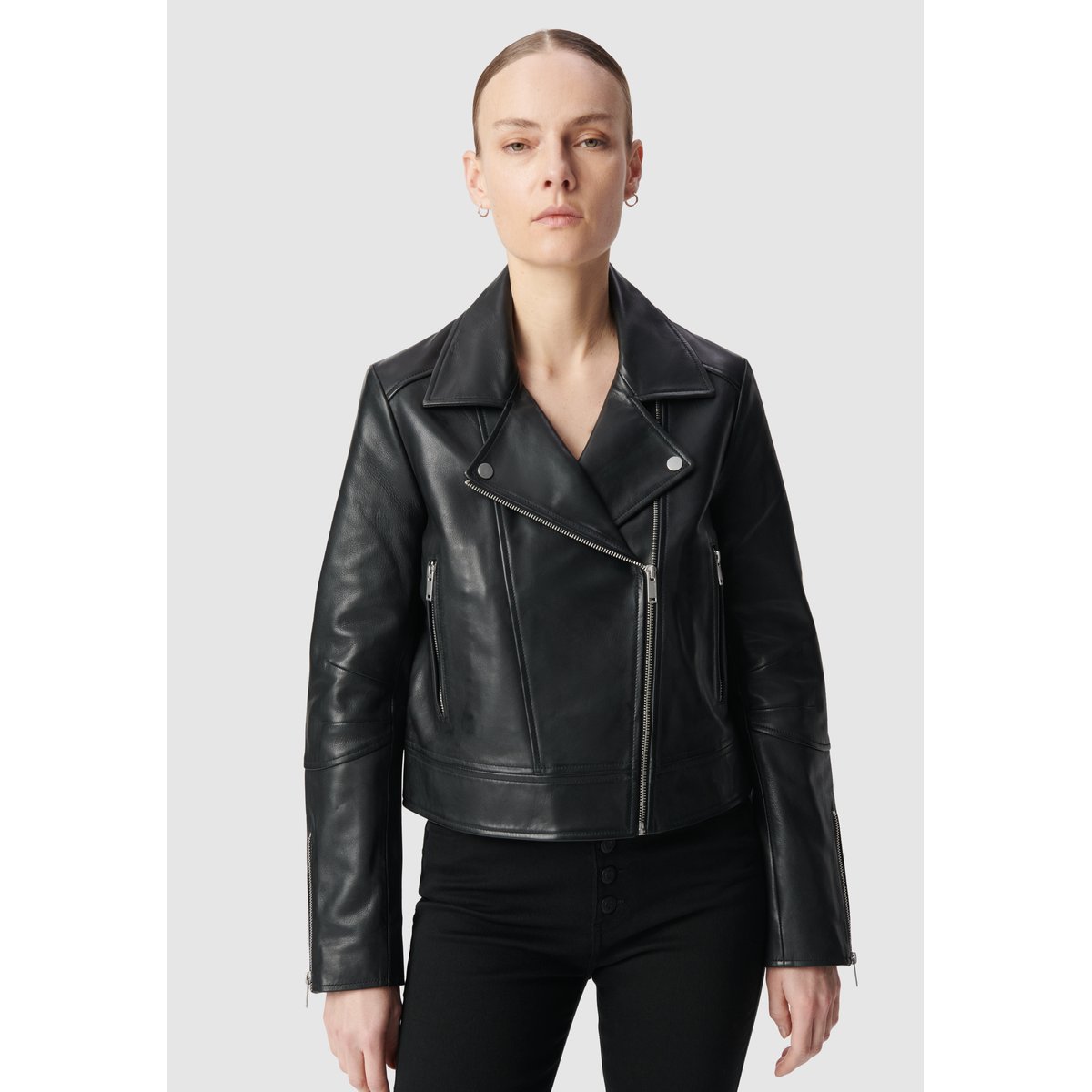 Blouson en cuir d'agneau noir, IKKS