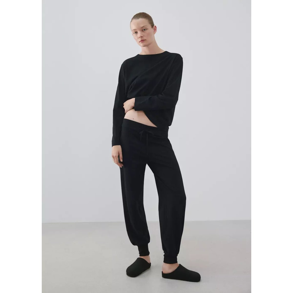 Pyjama deux pièces coton uni noir, MANGO
