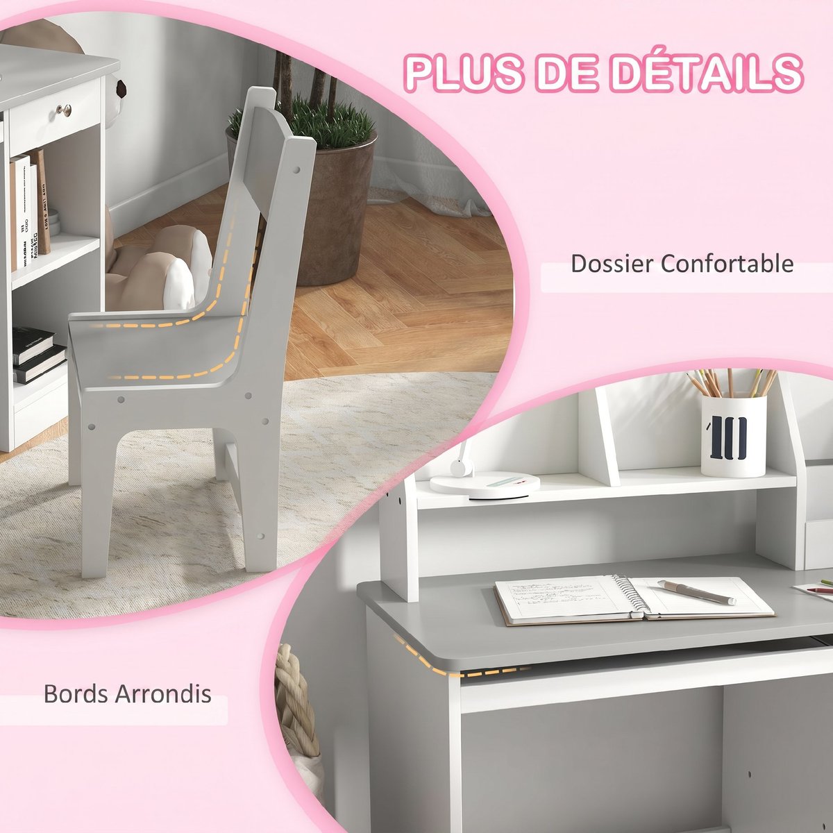 Bureau d'étude pour enfants avec chaise MDF gris et blanc, ZONEKIZ