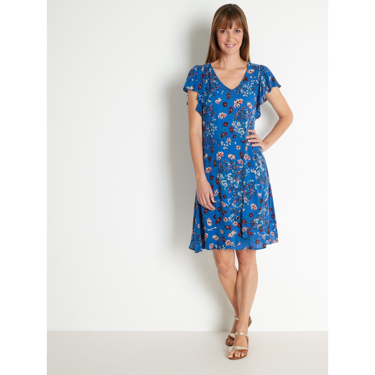 Robe volantée encolure V imprimé bleu, DAXON