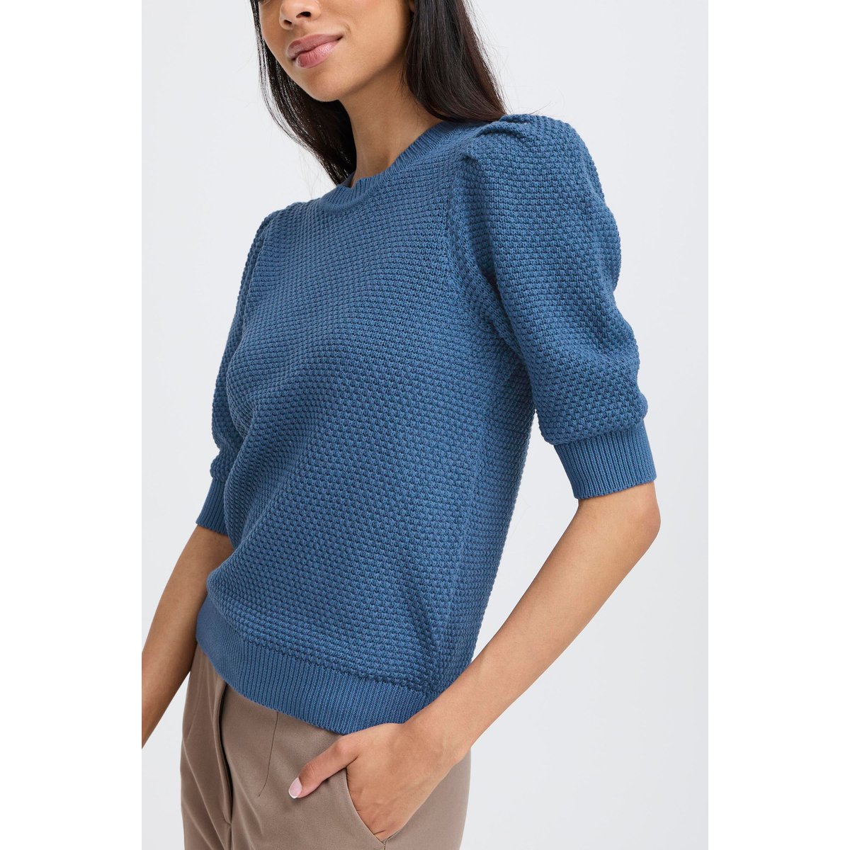 Pull en maille, manches 3/4, col rond bleu true navy, B.YOUNG