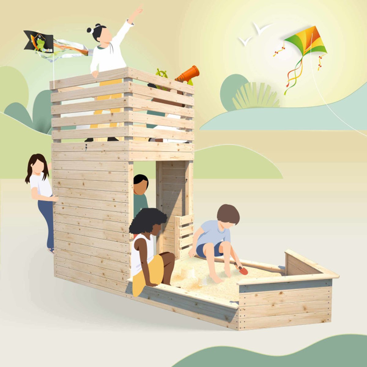 Cabane bateau en bois extérieur avec bac à sable PIRATE marron, SOULET