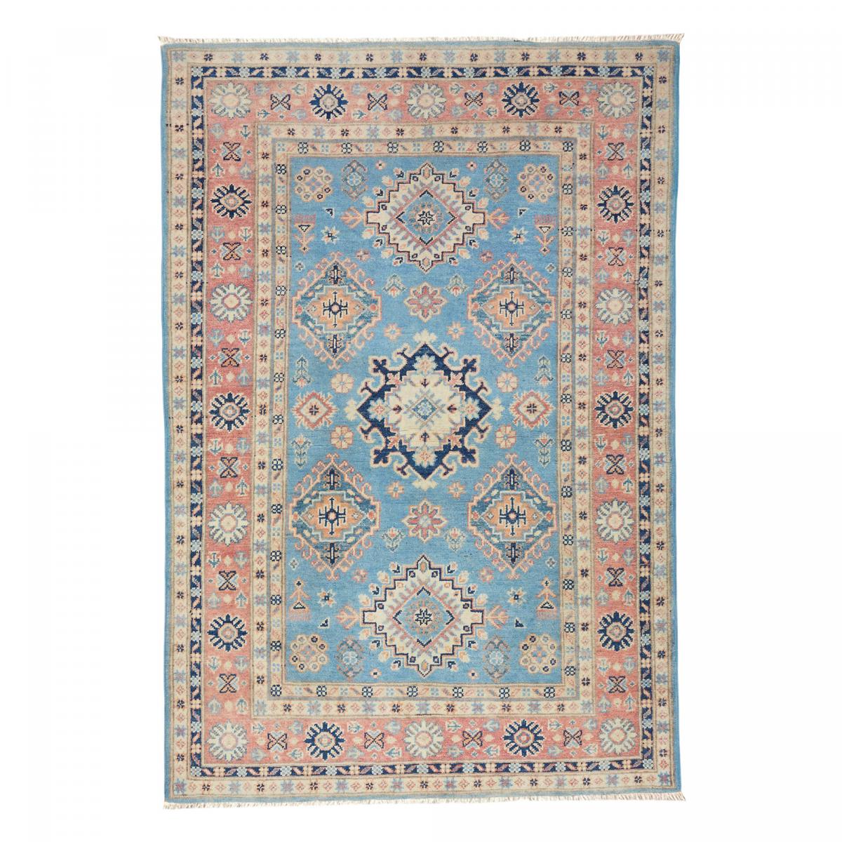 Tapis salon géométrique, artisanal noué main en laine naturelle bleu, beige, rose, UN AMOUR DE TAPIS