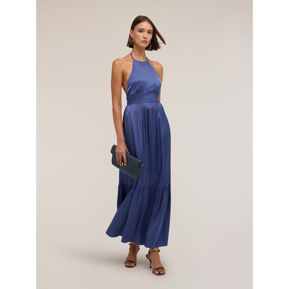 Robe longue en satin avec volant bleu, MOTIVI