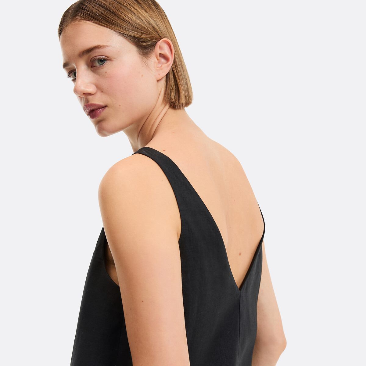 Robe droite en lin, courte, sans manches noir, LA REDOUTE COLLECTIONS
