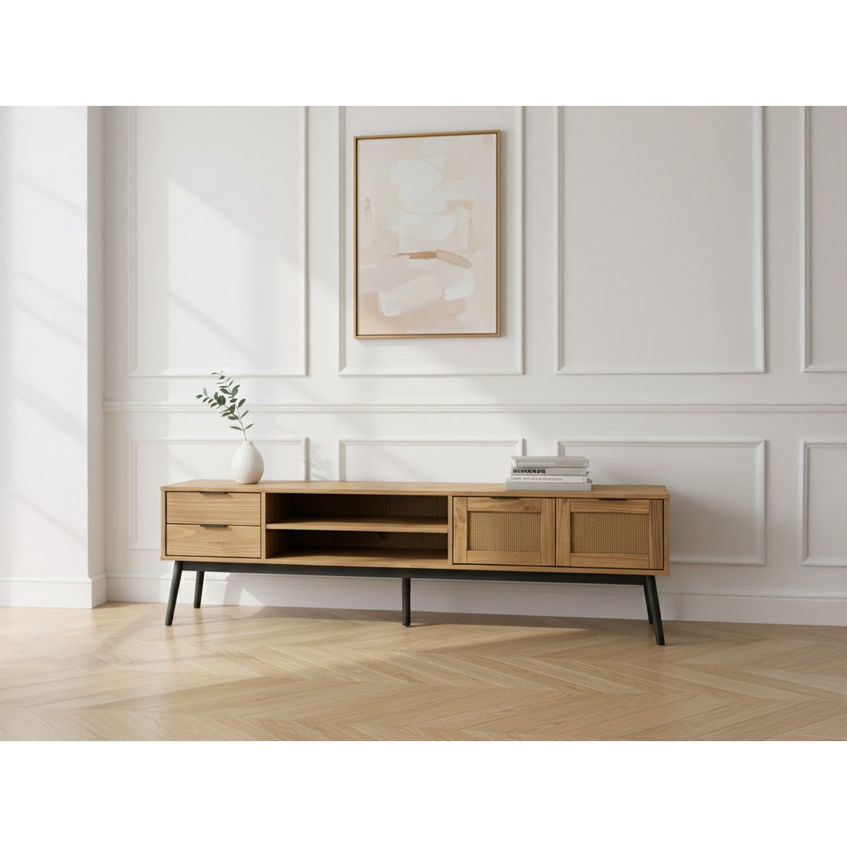 Meuble TV 180 cm bois massif, ALBI marron clair, BOBOCHIC