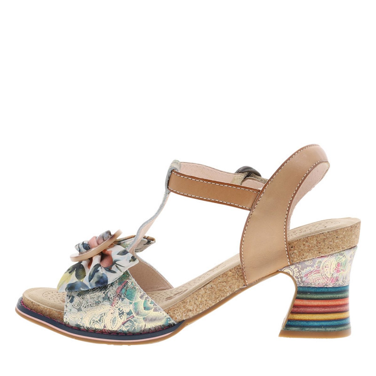Sandales en cuir beiges à semelle décroché moyen avec une bande auto-agrippante beige, LAURA VITA