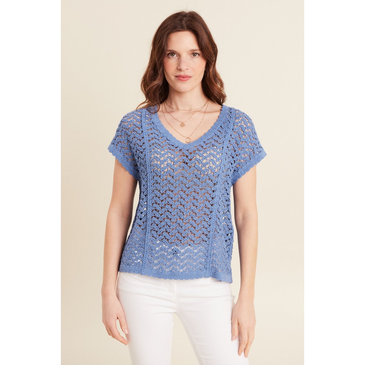 Pull manches courtes ajouré bleu ciel, BREAL