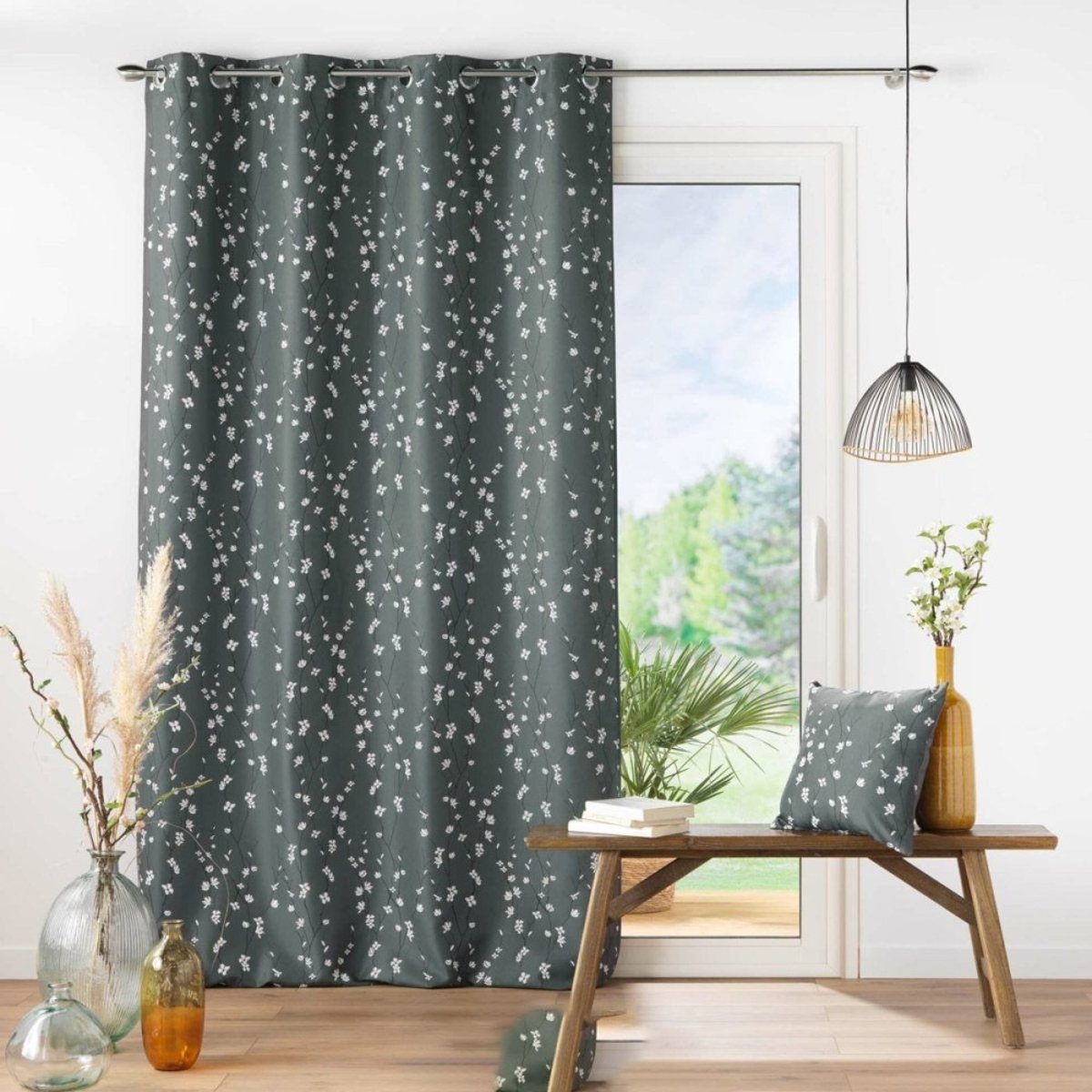 Rideau à œillets 140x260 Sakura anthracite gris foncé, DECORATIE