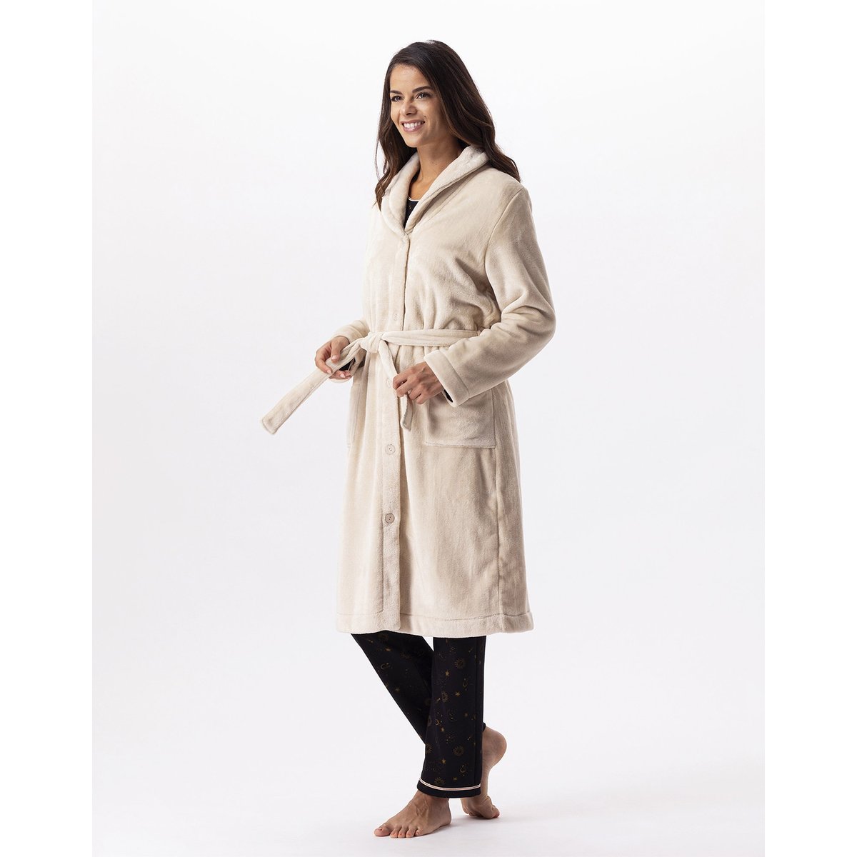 Robe de chambre en peluche flanelle ESSENTIEL H51B beige, LE CHAT