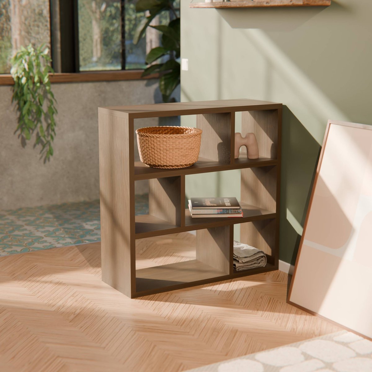Etagère bibliothèque décor bois asymétrique 3 niveaux 6 compartiments BASIKS noyer, SWEEEK