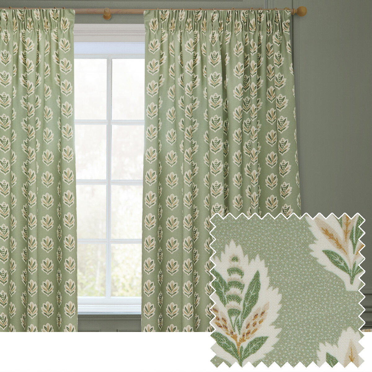 Sessile Leaf Printed Pencil Pleat Curtains sage, SANDERSON