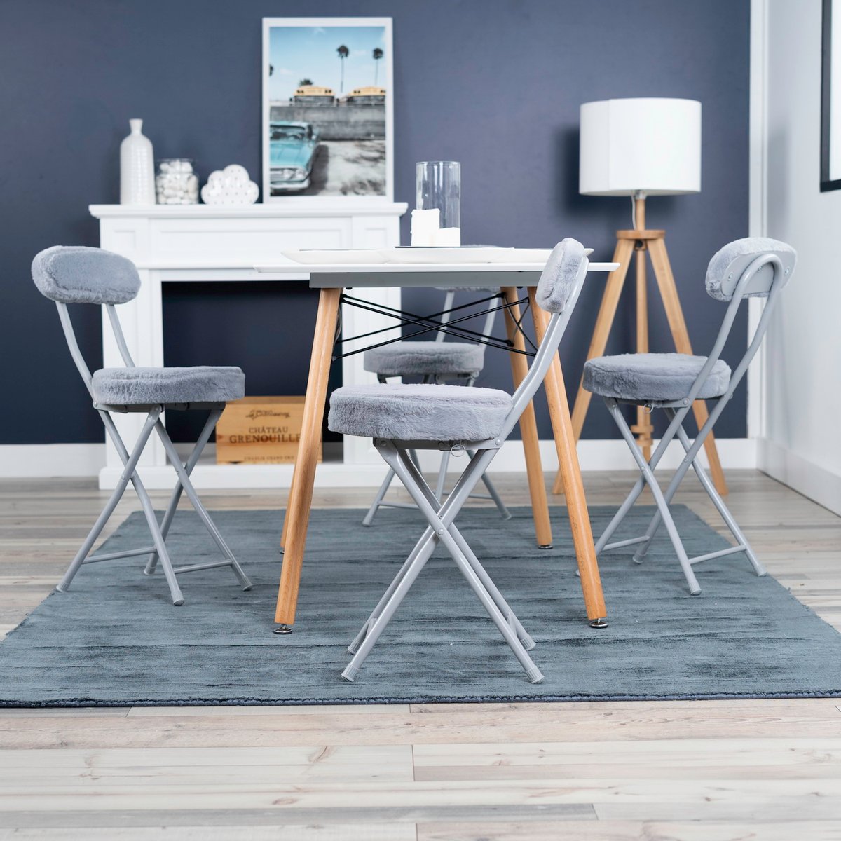 Lot de 4 chaises pliant en imitation fourrure, ERNSTPLUSH gris, MEUBLES COSY
