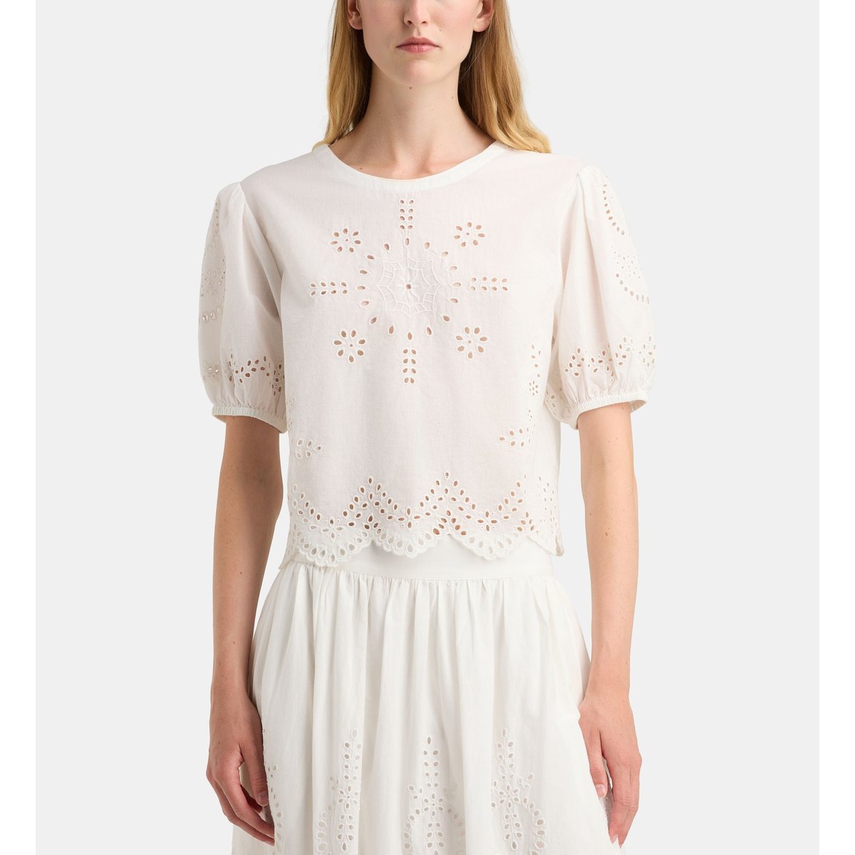 Top court confort flora schif à broderie anglaise blanc, GALERIES LAFAYETTE