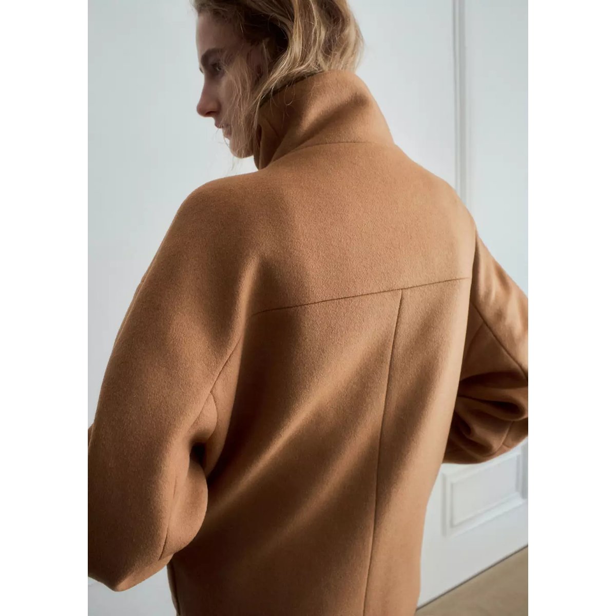 Manteau laine mélangée col cheminée marron moyen, MANGO