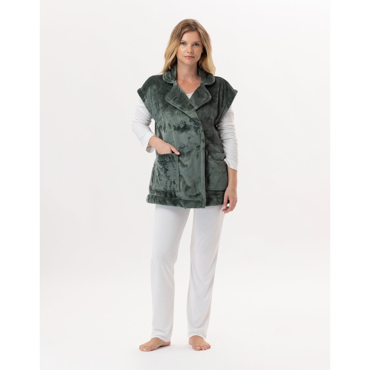 Veste manches courtes boutonnée en peluche flanelle ESSENTIEL H76A vert, LE CHAT