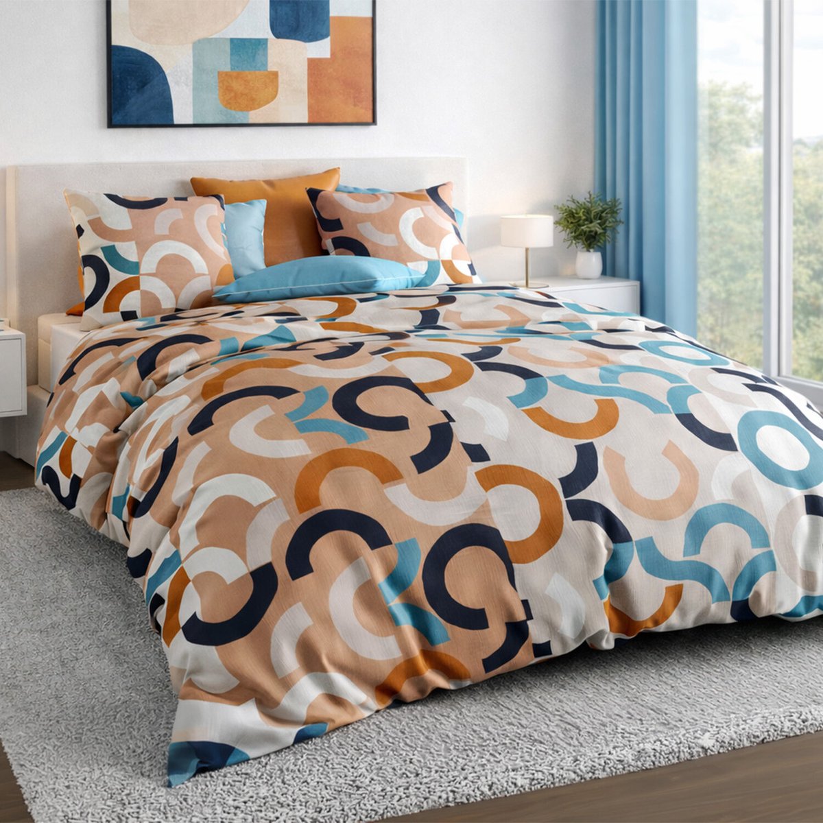Parure housse de couette coton 57fils, igor bleu, ATELIER DU COTON