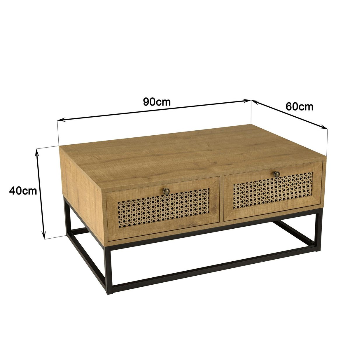 Table basse en bois 4 tiroirs cannage naturel ALCUDIA bois naturel, PIER IMPORT
