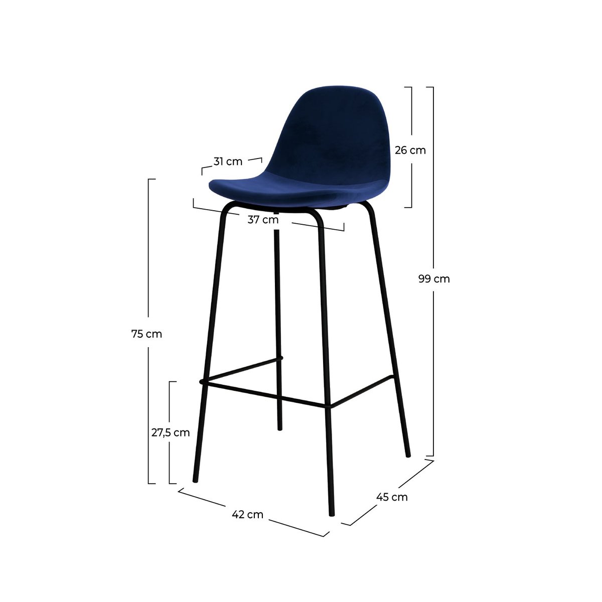 Lot de 2 chaises de bar 75 cm en velours - HENRIK bleu foncé, MAISON PAVANE