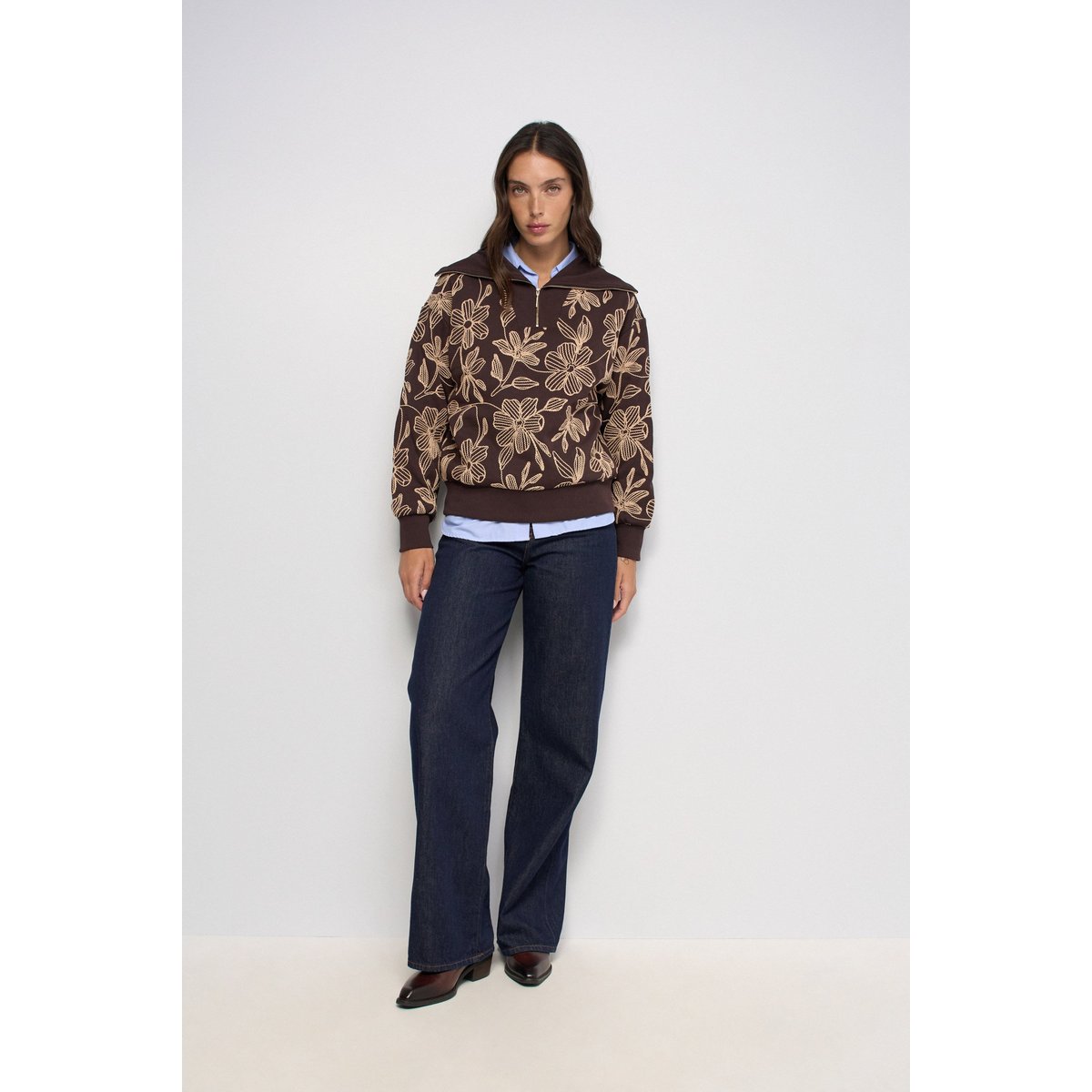 SWEAT À DEMI-ZIP AVEC BRODERIES marron, SALSA JEANS